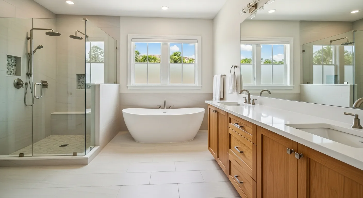 Completed primary bathroom remodel by RenoVision in a Palm Beach County Florida home