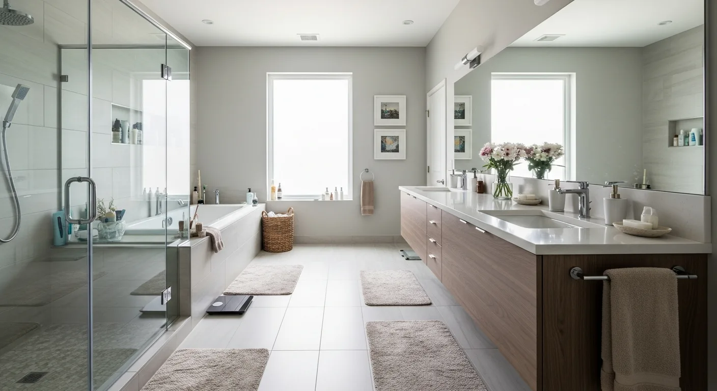 Spa-style master bathroom layout in a Florida home with separate wet zone, double vanity, and large window