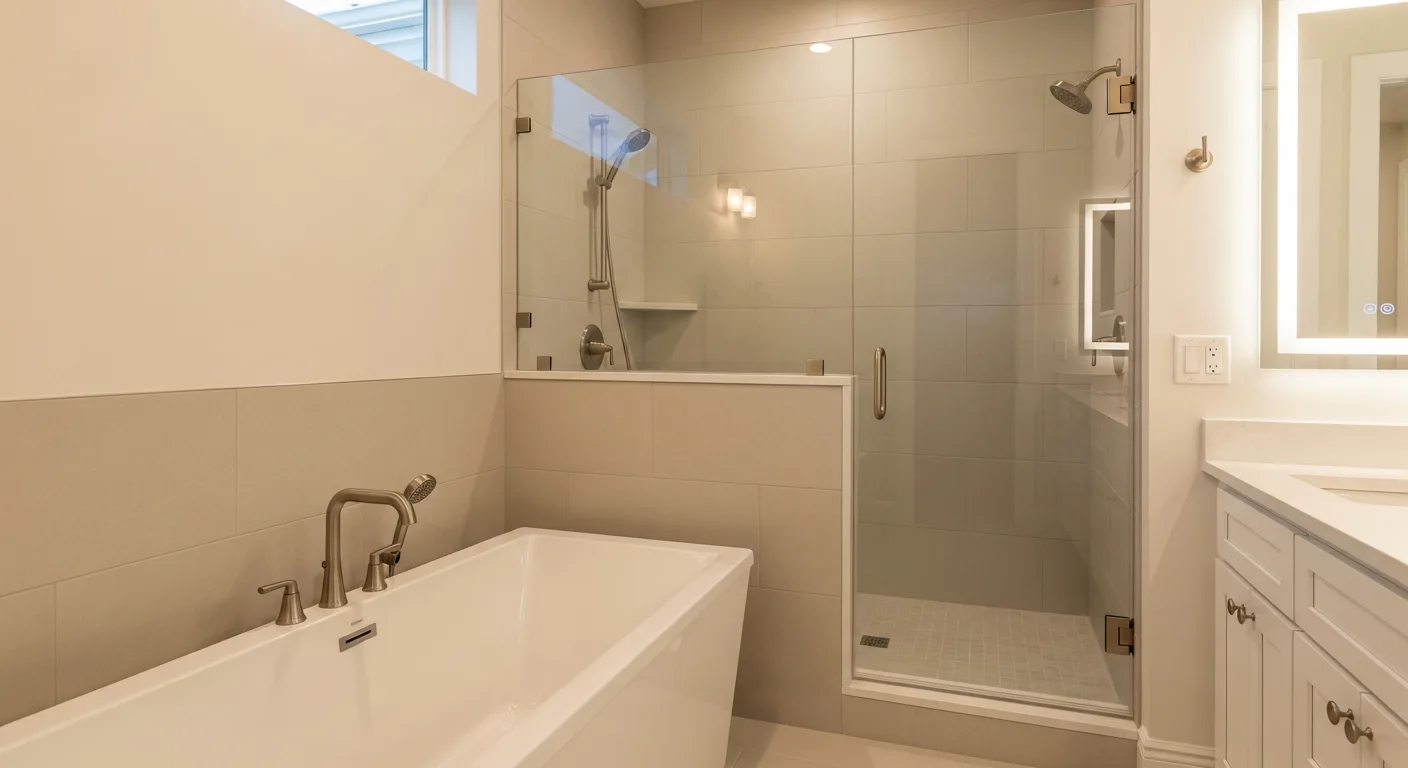 Spa soaking tub and rainfall shower in a Florida primary bathroom with warm layered lighting