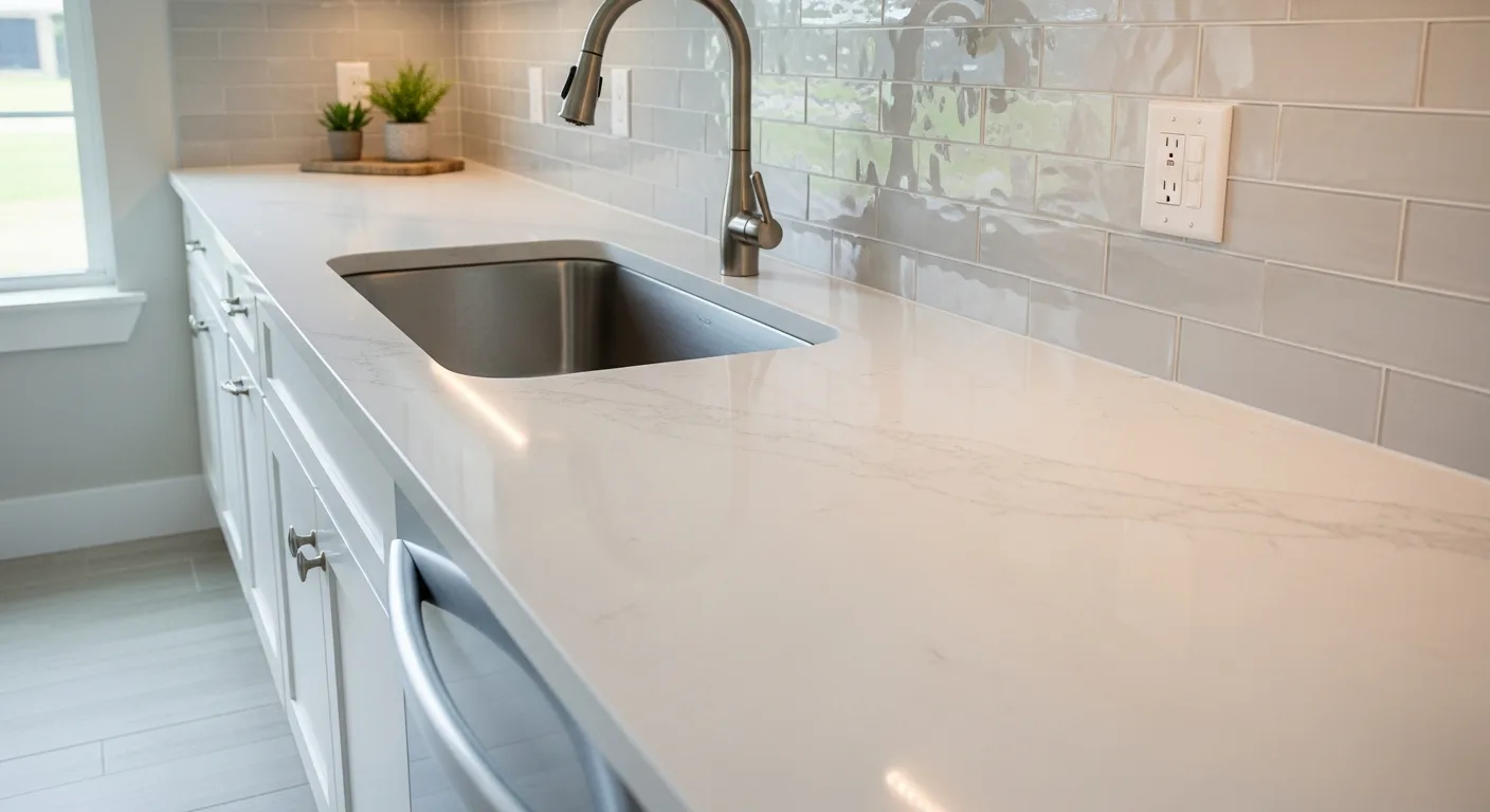 Quartz countertop with undermount sink and sealed tile backsplash in a Florida kitchen — storm-ready surface selection