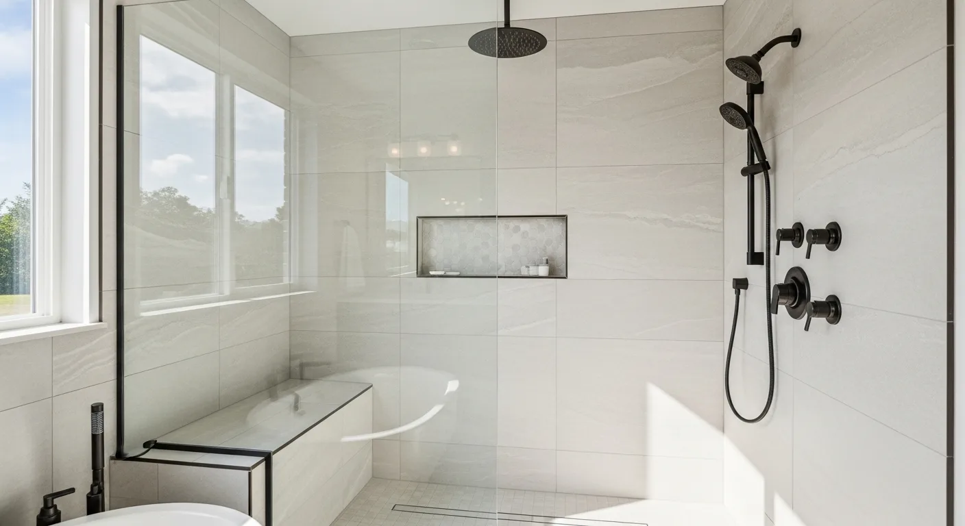 Frameless glass walk-in shower with built-in bench and rainfall head in a Florida luxury bathroom
