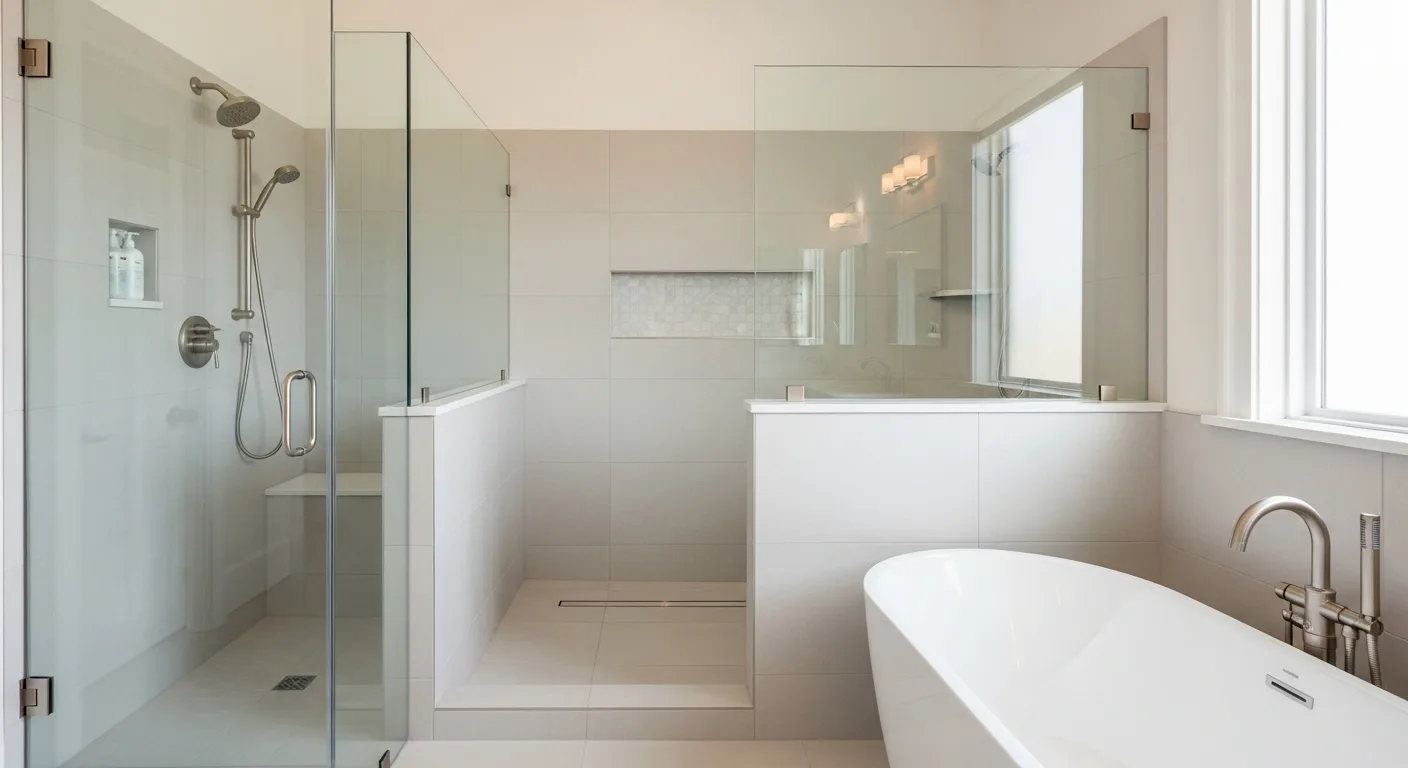 Wet room layout in a Florida primary bathroom with glass-enclosed shower and freestanding tub sharing a tiled zone