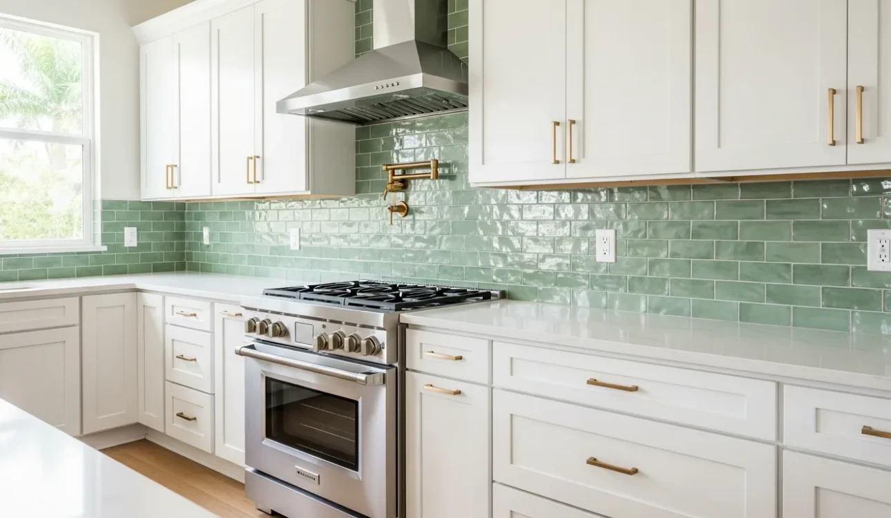 Kitchen backsplash design Florida: zellige tile backsplash in a bright Palm Beach County kitchen with quartz counters