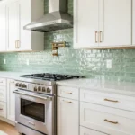 Kitchen backsplash design Florida: zellige tile backsplash in a bright Palm Beach County kitchen with quartz counters