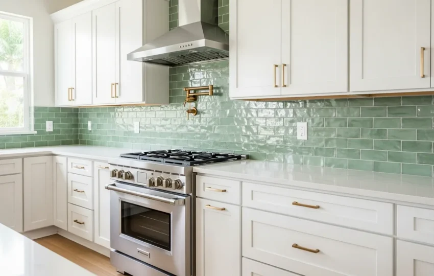 Kitchen backsplash design Florida: zellige tile backsplash in a bright Palm Beach County kitchen with quartz counters