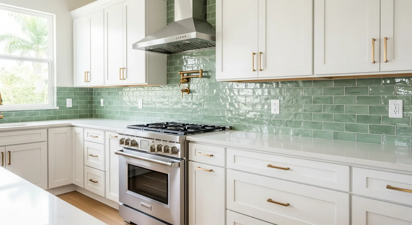 Kitchen backsplash design Florida: zellige tile backsplash behind a range in a bright Palm Beach County kitchen