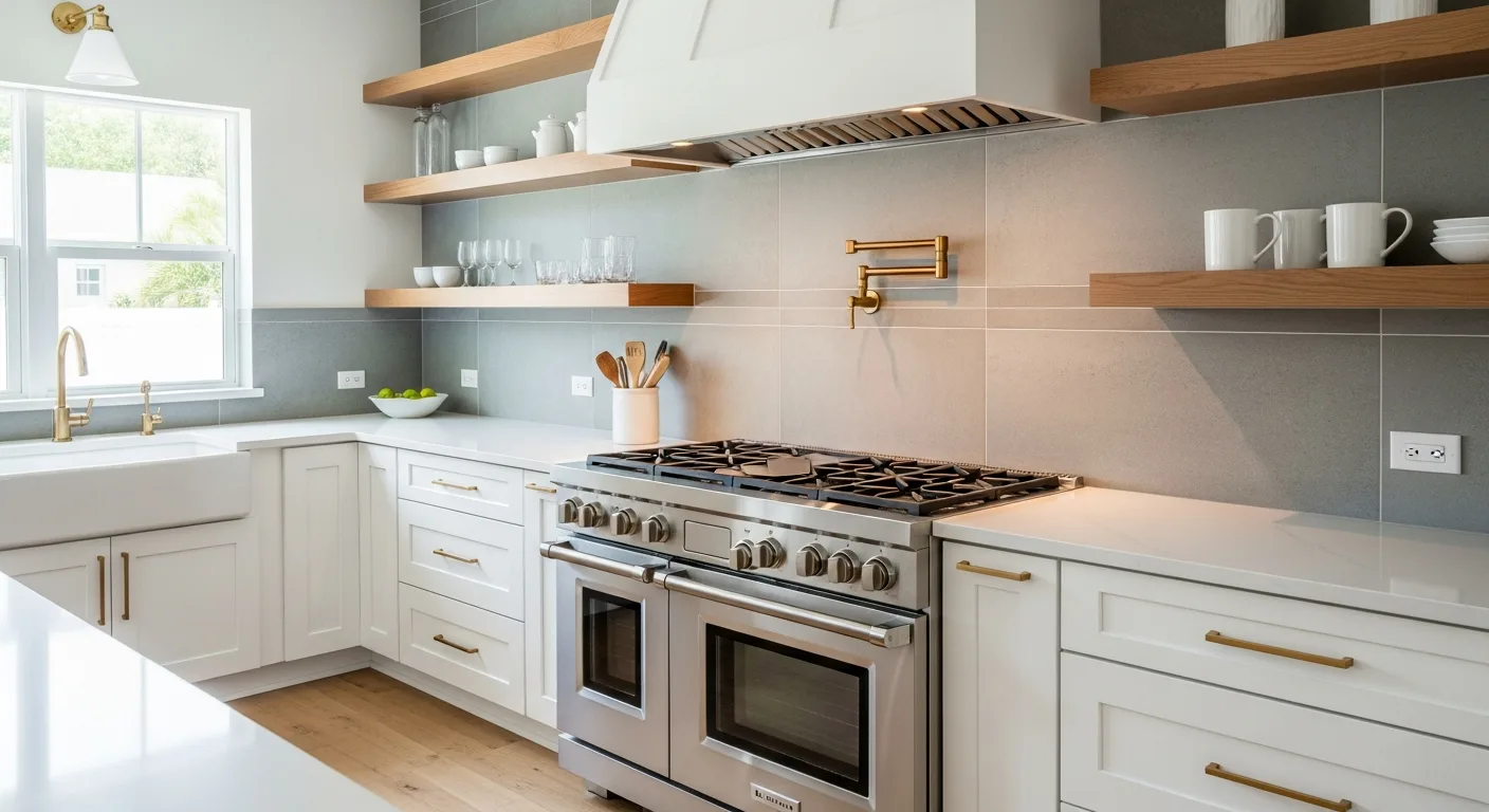 Large-format tile backsplash in a Florida kitchen with minimal grout lines behind open shelving