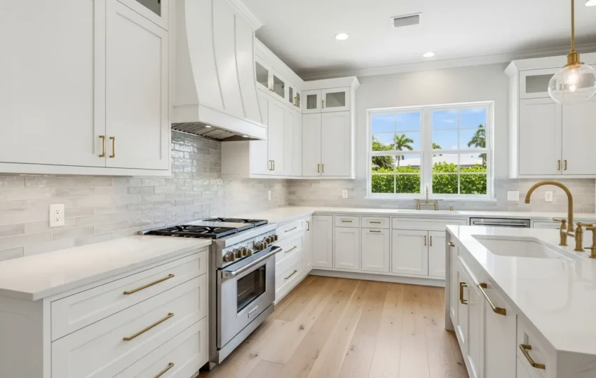Finished Palm Beach County Florida kitchen remodel with tile backsplash, quartz counters and gold hardware