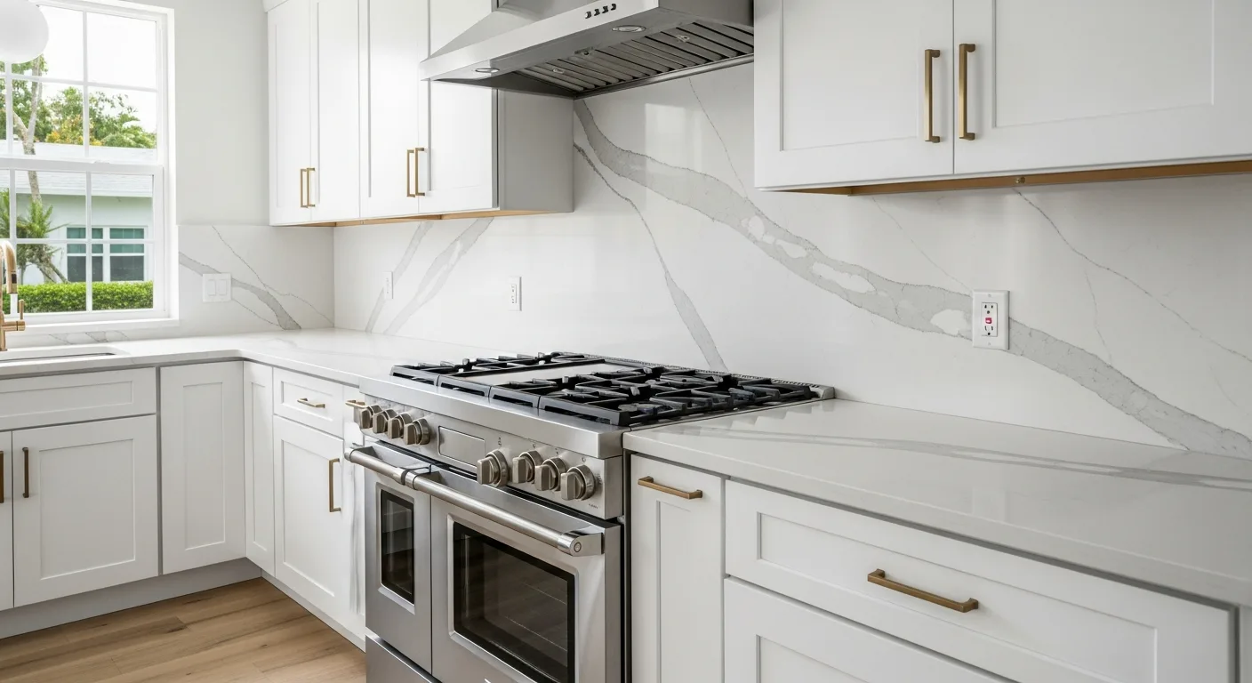 Quartz slab backsplash in a Florida kitchen running full height behind the range with marble-look veining