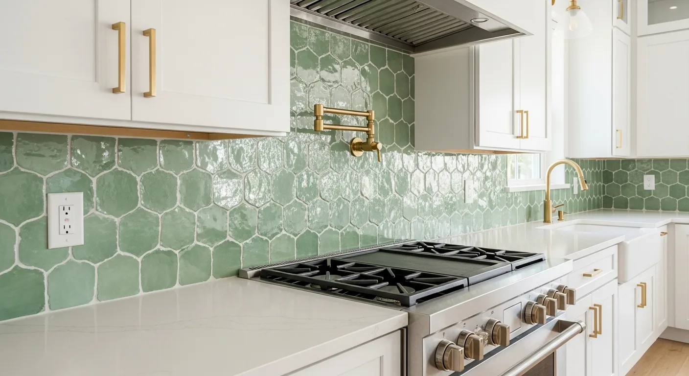 Zellige tile backsplash in a Florida kitchen with glossy handmade Moroccan clay tile and color variation
